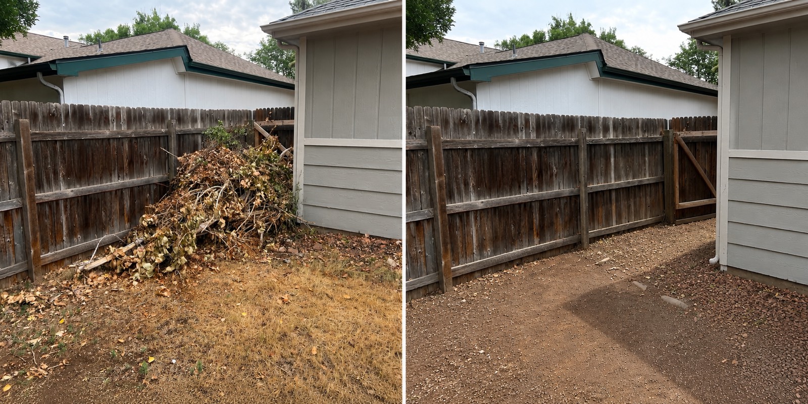 Before and after yard debris and brush cleanup