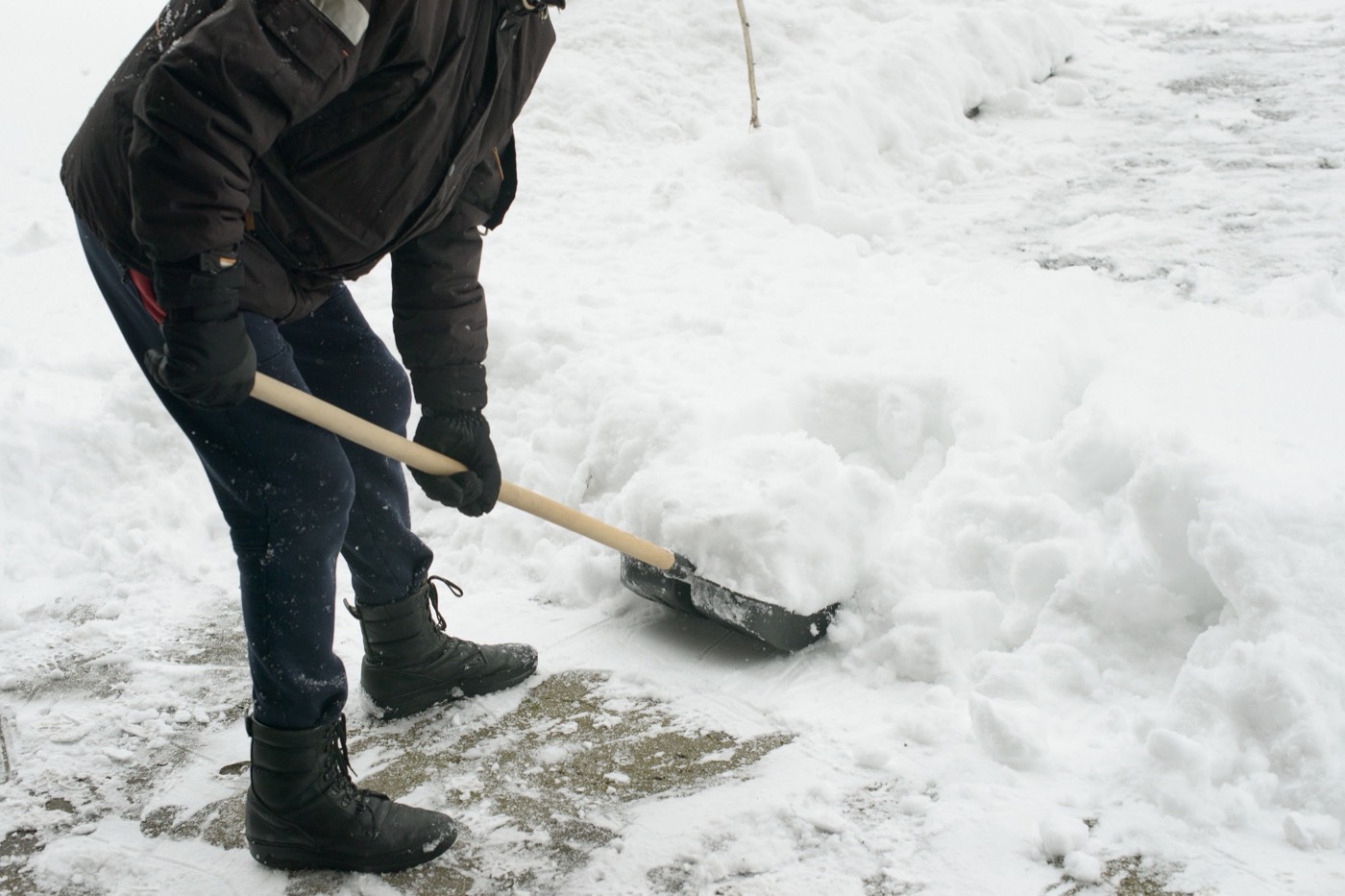Shoveling fresh snow from a walkway